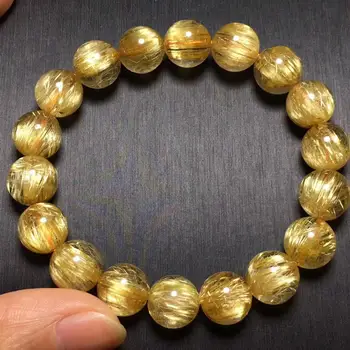 11mm Tõeline Füüsiline Kuld Quartz Rutilated Crystal Naine Mees Titaani Käevõru Gemstone Ring Helmed Rikkad Kivi AAAAA