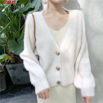 2021 Autumn Winter Fashion V-neck Mink Sweater Cashmere Soft Feeling Single Breasted Long Sleeve Knitted Cardigan Loose Tops