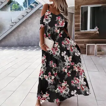 2021 suvel uus bohemian naiste kleit low-cut-off-õla lühikeste varrukatega lilleline retro prindi suur-pikkus seelik kleit