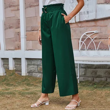 2021 Trend Roheline Sirge Lai Jalg Püksid Naiste Kõrge Vöökoht Elastne Püksid Vintage Lahti Täies Pikkuses Slacks Pantalones De Mujer