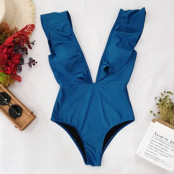 2021 Uus Ruffle Prindi Lilleline Naiste Ujumistrikoo Supelrõivad Naiste Tahke Deep-V Beachwear trikoo Monkini XRQ88