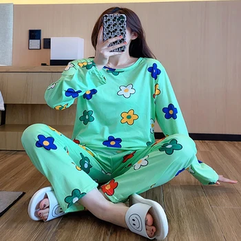 2tk Korea Sügisel Pidžaama Komplekt Naistele Tüdrukute Vabaaja Ring Kaelus Pikk Varrukas Sleepwear Mood Õie Printida Naine Sleepwear