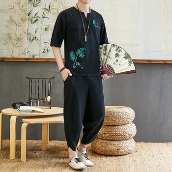 2TK Retro Hiina Traditsioonilise Mehe Riiete Komplekt Voodipesu Suvel V-kaelus T-särgi Tikand, bambus Idamaine Kung Fu Tang Ülikond
