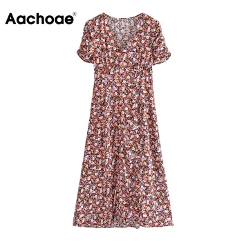 Aachoae Naiste Elegantne Joon V Kaela Midi Kleit Vintage Õie Trükitud Liblikas Varrukas Kleidid Naiste Suvised Vabaaja Kleidid