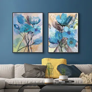 Akvarell Sinine Lilled Plakat Põhjamaade Abstraktse Taim Vahekäiguga Lõuendile Maali Kaasaegne Seina-Elutuba DecorArt Printimine