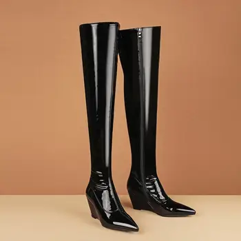 ALLBITEFO suurus 34-43 kiilud kanna naistele üle põlve saapad mood seksikas pikad varba Microfiber kõrge kontsaga kingad saapad ratsutamine