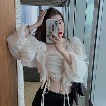 Crop Top Sifonki Daamid Tops Mood Brändi Sügis Korea Ruffles Slim Lace Up Särgid Blusas Mujer De Moda Uus Vetement Femme