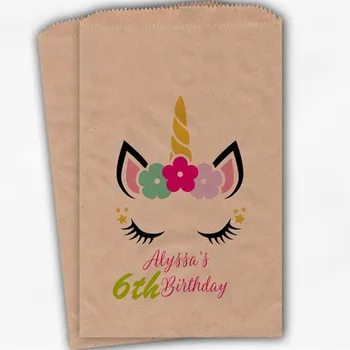 Custom Ükssarvik Sünnipäeva Candy Buffet Ravida Kotid - Roosa Isikupärastatud Kasuks Kotid - Tüdrukud Sünnipäeva Aitäh Kraft Paberkott