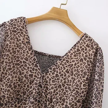 Elegantne Leopard Printida Ruffled Vooder Lühike Kleit Naiste 2021 Uued Suve-V Kaelus Pikk Varrukas Seksikas Line Kleidid Naiste Mood
