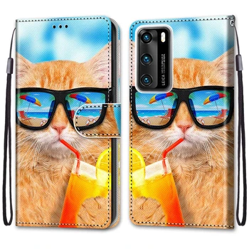 Flip Naha Puhul Huawei P40 Lite Pro E Fundas 3D Rahakott Kaardi Omanik Seista Kaane Kass Koer Värvitud Coque Juhtudel Capa