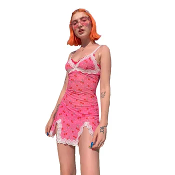 Girly magus mini seelik suvel roosa kirss prindi lace suspender kleit seksikas ööklubi club päitsed split slim vestidos