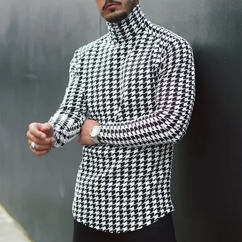 Houndstooth Prindi Meeste T-särk kõrge kaelusega Pika Varrukaga Vabaaja Õhuke Sügis-Talv 2021 Basic T-Särgid Meeste Tops Pullover Top Mees