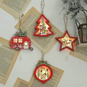 Jõulud Rippuvad Ornament Puidust Puu LED Valgus kaelapaela kinnitamine Rippuvad Ornament Xmas Decor
