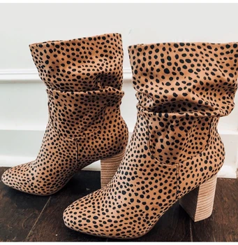 Kadınlar leopar orta buzağı çizmeler kadın pilili süet kare yüksek topuk sonbahar kış kadın ayakkabı 2020 bayanlar rahat ayakkab