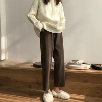 Kevad-Sügis Korea Fashion Naiste Elastne Vöökoht Lahtised Pikad Püksid Kogu-sobitatud Vabaaja Puuvillasest Velvetist Püksid Pluss Suurus V220