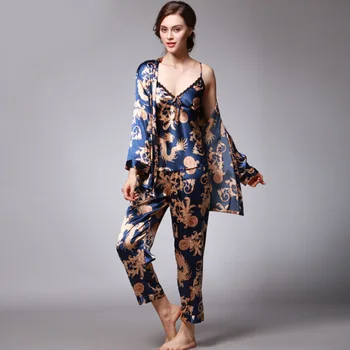 Klassikaline Naiste 3TK Pidžaama Sobiks Vabaaja Nightwear Intiimne Pesu Satiin Pikk Sleepwear Naised Kodus Riided Seksikas Pidžaamad