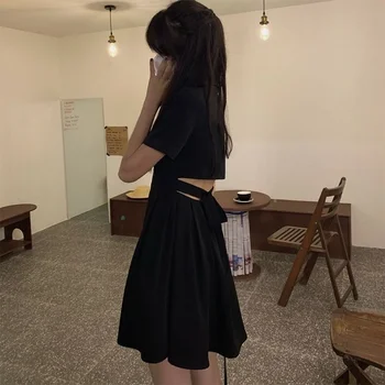 Kleit Naiste korea Preppy Stiilis Neiu Plisseeritud Mini Backless Armas Armas Tüdruk iga Päev Streetwear Tahke Turn-down) Krae Õpilased