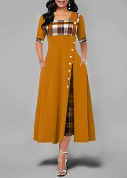 Kleit Naiste Pikk Nupp Kõrge Vöökoht Segast O-Kaeluse Keskaja Vabaaja iga Päev Streetwear Elegantne Vintage Vestido Pluss Suurus Ruuduline 5xl