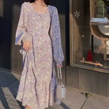 Lilla Lilleline Midi Kleit Naiste 2021 Suvel Prantsuse Vintage Ühes Tükis Kleit Korea Lill Elegantne Rihm Kleit Naine 2021 Suve