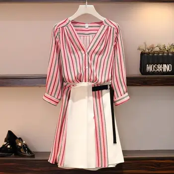 Mood sifonki seelik sobiks naine Jaapani 2021 suvel uus stiil triibuline särk kõrge vöökoht side-line seelik kaks rõivakomplekti