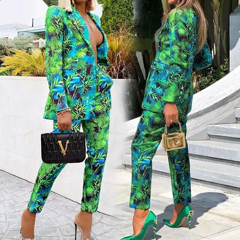 Mood ülikond naiste 2020. aasta sügisel uus temperament vabaaja ülikond püksid roheliste lehtede muster, kaks rõivakomplekti