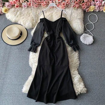 Must Ebaregulaarne Pool Pikk Kleit Naiste Elegantne V-Kaeluse Põletatud Varrukad Ruffle Suur Kiik Vestidos Naiste Mood 2021 Kevad Suvi