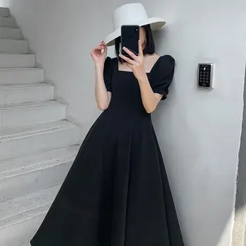 Must kleit naiste 2021 mood suvel uus temperament tahked värvi naiste kõrge vöökoht square krae mood elegantne pool kleit