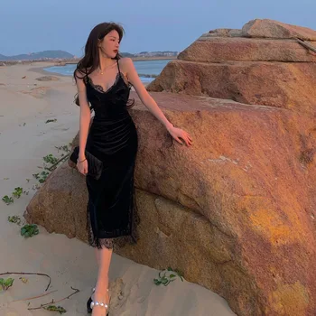 Must Vingate Rihm Kleit Seksikas Naiste V-kaelusel Pits Elegantne Midi Kleit Naine Beach prantsuse Ühes Tükis Kleit korea 2021 Suvel Y2K