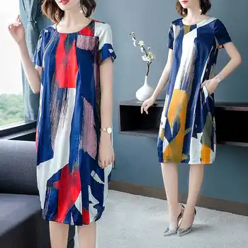Naiste 2021 Suvel Silk Midi Kleidid 5XL Pluss Suurus Vintage Print Raja Kleidid Elegantne Naine Vabaaja Lahti Poole Vestidos A885