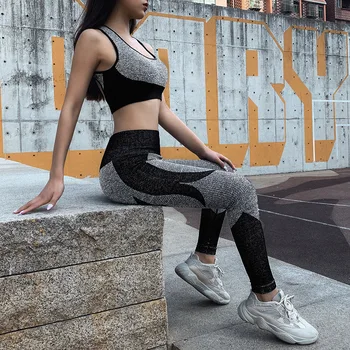 Naiste fitness tracksuit 2 tükki set slim crop top + polsterdatud spordi-säärised aktiivne kanda varustus skinny stretch outwear