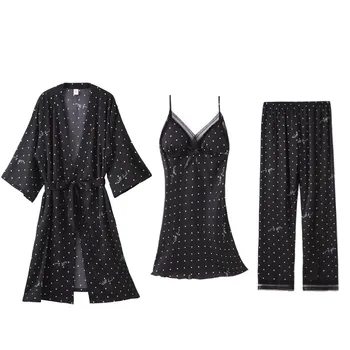 Naiste Pijamas 3 Tükki Must Satiin Pajama Komplekti Sleepwear Kodus Kandma Magada Lounge Pits Dot Print Pyjama koos Rinna Padjad