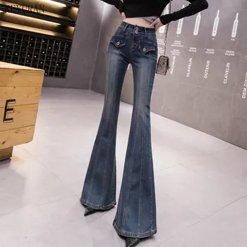 Naiste Põletatud Teksad 2021 Kõrge Vöökoht Sale Taskud Sinine Demin Püksid Kevad Sügis Streetwear Täies Pikkuses Teksad Naiste Pikad Püksid