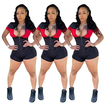 Naiste Sexy Kontrasti, Värvi Bodycon Bodysuits Segast Lühikesed Varrukad Üks Tükk Riided Tõmblukk Kõhn Playsuits 2021Summer Riided