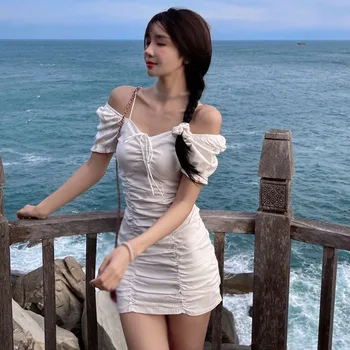 Naiste Suvine Korea Stiilis Mood Retro Lady Tahked Värvi Puhvis Lühikese Varruka Plisseeritud Hip Disain Õhuke Pingul Seelik Kleit