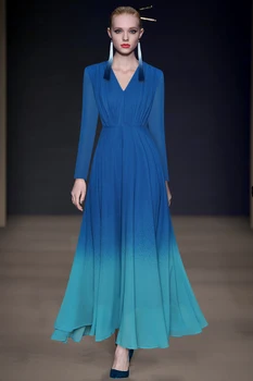 Naiste V-kaelus pikk varrukas seksikas maxi kleit primavera 2021 disainer mood sinine luksus elegantne põranda pikkus peokleidid