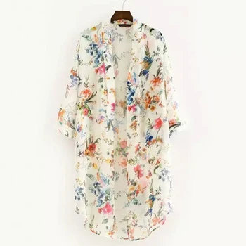 Naiste Vabaaja Vintage Kimono Jakk Daamid 2021 Suvel Pikk Tee Sifonki Kimono Beež Lahtine Flora Trükitud Pluus Tops