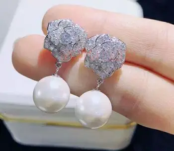 Noble jewelry paar 9-10mm Jaapani AKoya ümmargune valge pärlmutter roosa lill, kristall tsirkoon stud kõrvarõngas 925 Sterling Silver