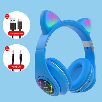 Pea külge kinnitatav Bluetooth-ühilduva 5.0 Traadita Kass Kõrva Peakomplekt Koos LED-Välklamp Valgust Stereo Heli Kvaliteet W/Mic Tüdruk Lapse Kingitus