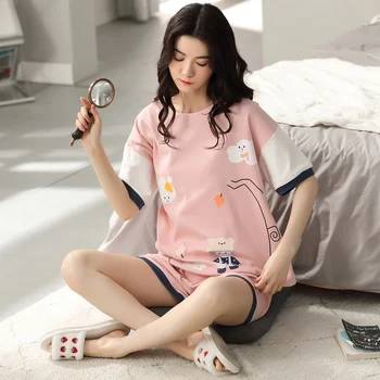 Pidžaama Komplekti Naiste Kawaii Cartoon korea Magus Roosa Suvine Tüdrukute Sleepwear Puuvill, O-Kaelus Lühikesed Varrukad Naiste T-särk Homewear