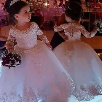 Pikad Varrukad Kleit Printsess Lille Tüdrukute Kleidid Appliques koos Beaded Uimastamise Armas Esimene Õhtusöömaaeg Kleit Valge