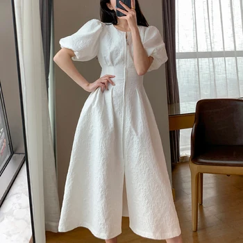 Prantsuse Vintage Puhkus Valge Kleit, Lühikesed Puhvis Varrukad Lukuga Front Line Õhuke Kleit Vestidos Elegantne Pool Kleit Suvel 2021