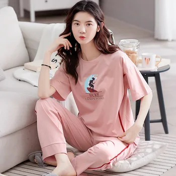 Puhas puuvillane pidžaama naiste suvel lühikeste varrukatega püksid pullover vabaaja kodu riided sleepwear naiste 2021 naiste sleepwear