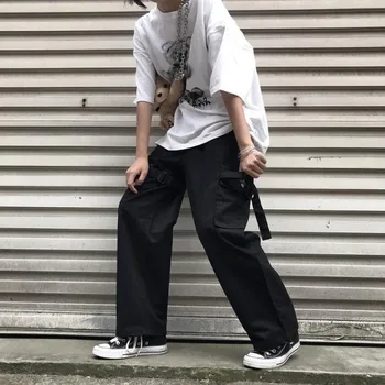 QWEEK Jaapani Harajuku Cargo Püksid Naiste Gooti Street Stiilis Must Lai Jalg Püksid Hipi korea Fashion 2021 Mõõdus Püksid