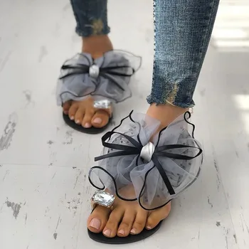 Sandalias antideslizantes decorativas con pajarita para mujer, zapatillas planas, Chanclas de playa informales a la moda,