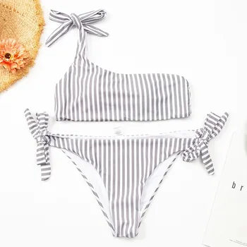 Seksikas Triip Bikinis, Komplekt Naistele Üks Õlg Ujumisriided, Madal Vöökoht Sidemega Trikoo Ujumistrikoo Suvel Toru Top Naine Beachwear