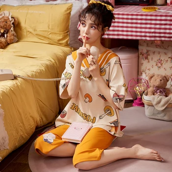 Seksikas V-Nevk Sleepwear Suvel Pidžaama Komplekt Puuvillast Lühikesed Varrukad Naiste Pidžaama Cute Cartoon Nightwear Liiga 4XL Naiste Homewear