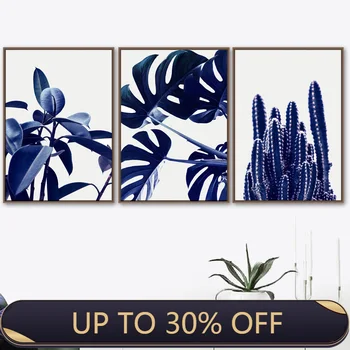Sinine Leht Monstera Cactus Tamm Seina Art Lõuend Maali Nordic Plakatid Ja Pildid Taim Kunst Seina Pildid Elutuba Decor