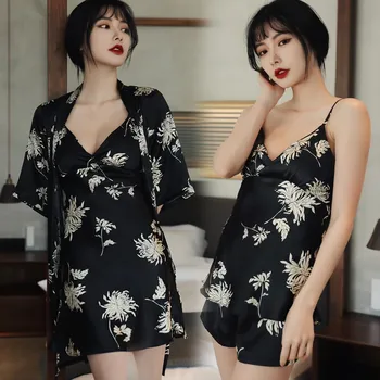 Sleepwear Naiste Pidžaama Sobiks Vabaaja 4TK Magada Set 2021 Uus Nightwear Kimono Hommikumantel Satiin Kleit Kodus Kandma Intiimne Pesu
