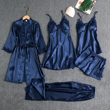 SR087 Naiste Pidžaama Komplekt 5 tk Tahke Faux Siidist Pant Püksid Sleepwear Naine Sobiks Kevad Suvi Sügis Rüü Uni kleit Homewear
