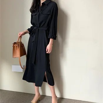 SuperAen Suvel korea Must Sifonki Pikkade varrukatega Kleit Naine Pits Talje Temperament Mood Naiste Pikk Kleit